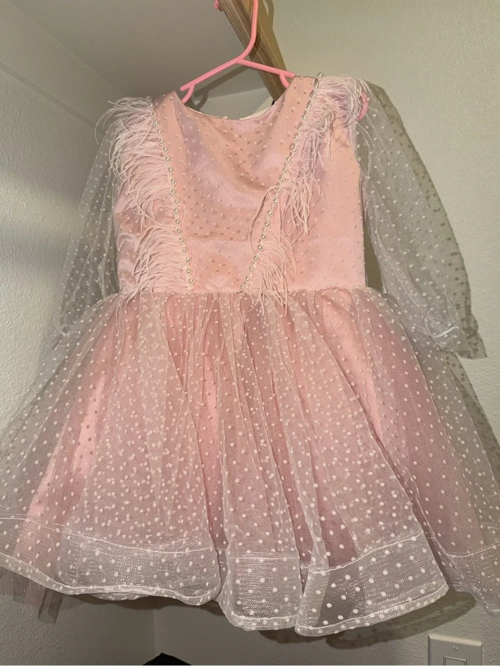 Girls Pink Polka Dot Tulle Dress with Bow
